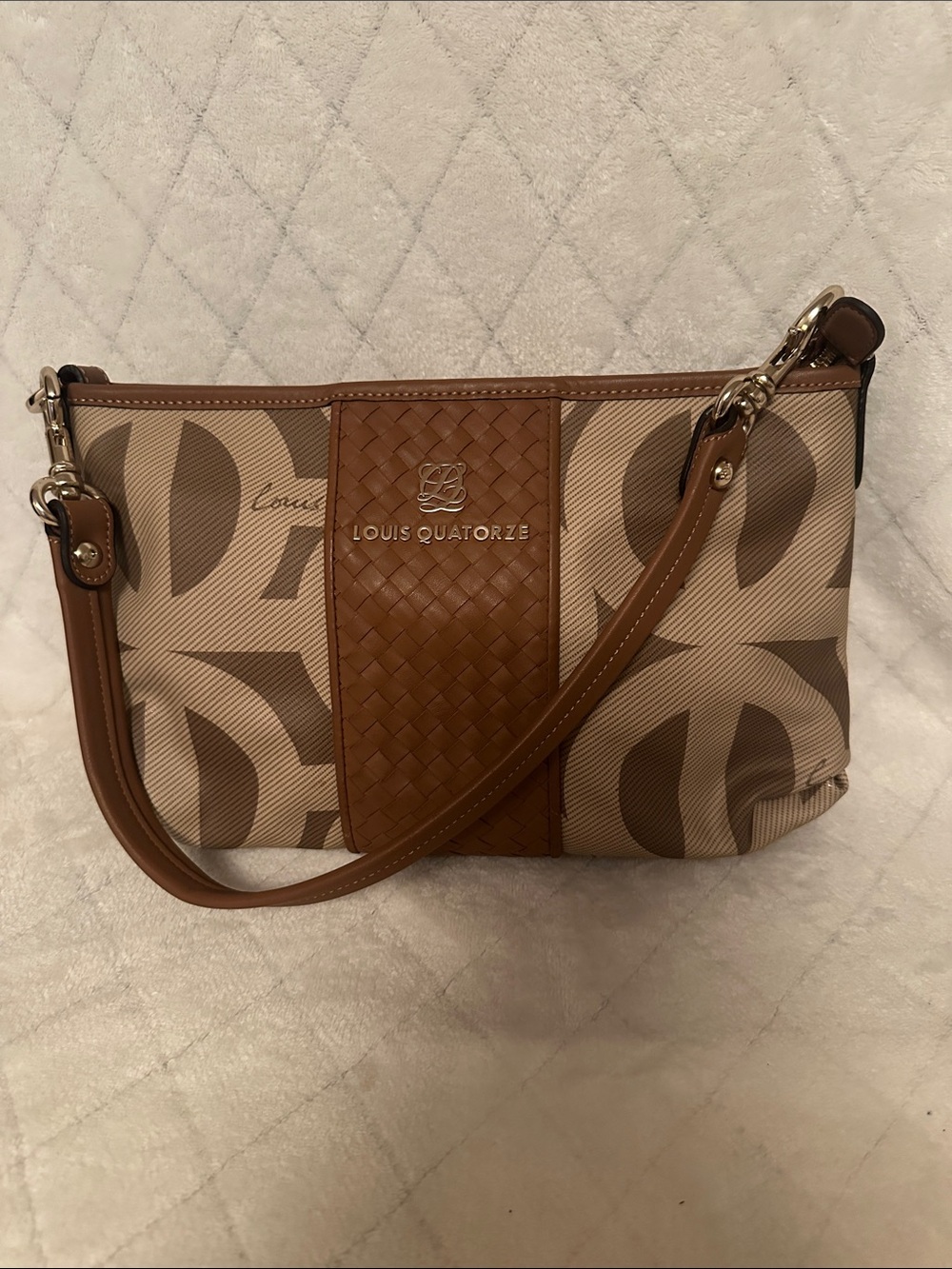 Beige & Tan Woven-Panel Canvas Shoulder Bag